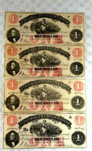 Four Confederate $1 Virginia Treasury Notes With Same Serial Number 1862 Rare