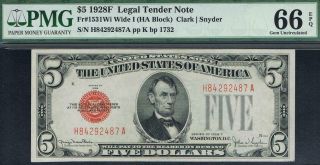 Rare Ha Block.  $5 1928f Legal Tender Note.  Pmg 66 Epq.  Note