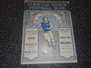 Ipswich Town V Walsall 1938/9 April 29th Rare Pre - War