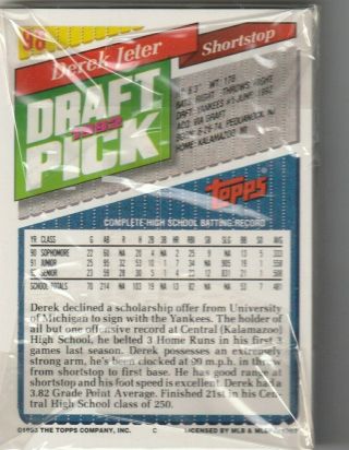 Rare 1993 Derek Jeter Topps Gold 98 Hof On Back Of A 10 Card Factory Insert