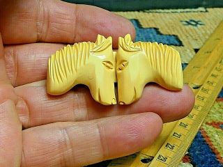 Rare Ivory Bakelite Double Horse Head Hand Carved Scarf Clip Wow