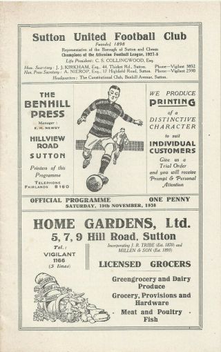 Ultra - Rare Pre - Ww2 Football Programme & Ticket Sutton United V Leyton 1938