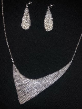 Rare Vintage Whiting And Davis Mesh Silver Necklace & Fine Silver Earrings Set