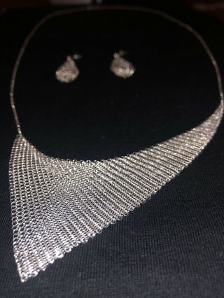 Rare Vintage Whiting and Davis Mesh Silver Necklace & Fine Silver Earrings Set 2