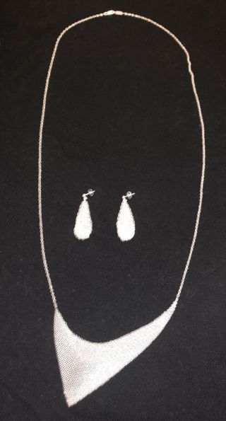 Rare Vintage Whiting and Davis Mesh Silver Necklace & Fine Silver Earrings Set 3