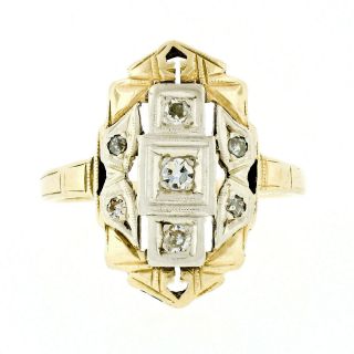 Antique Art Deco Petite Rare Two Tone 14k Gold & Diamond Etched Open Dinner Ring