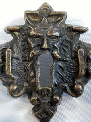 Antique Vtg Rare Bronze Figural Drawer Pull Handles Hardware Skeleton Key Hole