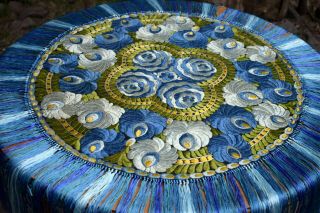 Rare Hungarian Antique Hand Embroidered Silk Matyo Round Tablecloth