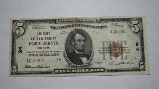 $5 1929 Port Jervis York Ny National Currency Bank Note Bill Ch.  94 Rare
