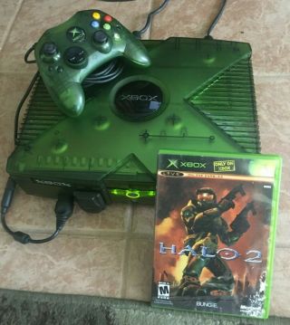 Xbox Halo Edition Xbox Clear Green W/ Halo 2 & Fable & Star Wars Rare