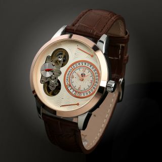 Mens Watch Autoamtic Mechanical White Dial Leather Strap Self - Winding Luxury