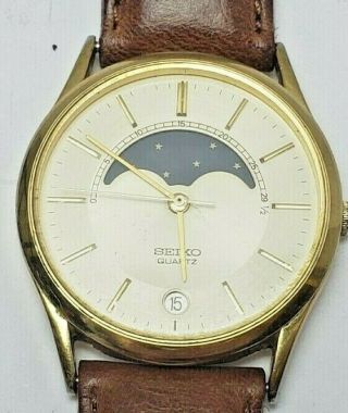 Seiko 7434 - 7009 Retro Gold Tone/moon Phase & Date,  Brown Leather Band Mens Watch