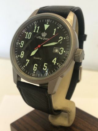 King Quartz Gents Military - Style Watch With Black Leather Strap