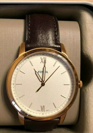 Fossil Fs5463 Mens Minimalist Brown Leather Band Rose Gold Tone Watch Nwt