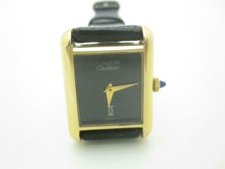 Cartier Must De Tank 18k Gold Plated Ladies Black Dial Leather Wind Watch - Box
