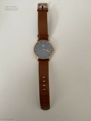 Adidas Rose Gold Watch With Blue/grey Face And Brown Leather Strap Nm