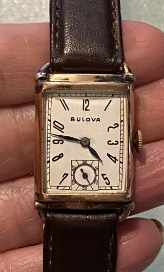 Vintage 1942 Bulova Mens 14k Gold Filled Watch 7ap 21 Jewels Brown Leather Strap