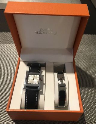Hermes Paris H Watch Black Leather Strap And Stainless Steel