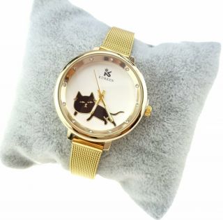 Armbanduhr Damen Gold Kurren Frauen Analog Quartz Uhr 1080 Katze