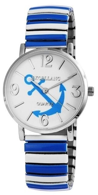 Damen Armbanduhr Analog Quarz Metallzugband Maritim Anker Blau Weiß Excellanc