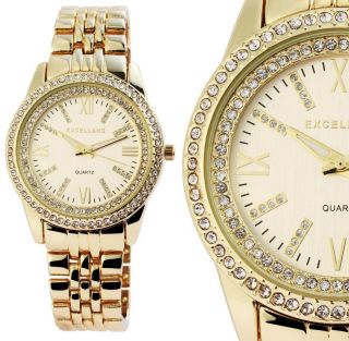 Damenuhr Armbanduhr Gelbgold Gold Kristallbesatz Metallarmband Excellanc 1800085