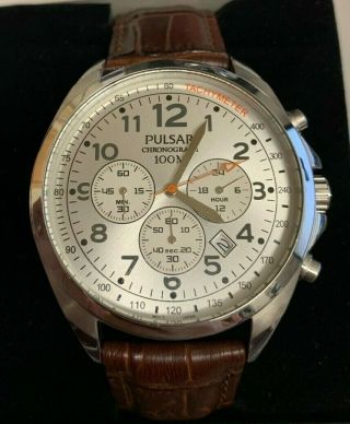 Pulsar Men’s White Dial Chronograph Stainless Steel Brown Leather Watch Pt3419x