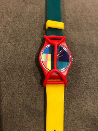 Vintage Ladies Swatch Watch 755 Red W/ Face Guard Multi Color Band 1980s