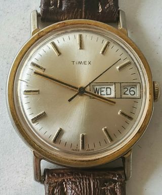Vintage Mens Timex Marlin Mechanical Wind Up Day Date Watch Runs