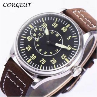 44mm Corgeut Ss Case Wristwatch 6497 Hand Winding Movement Black Dial Mens Watch