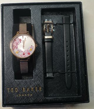 Ted Baker Rose Gold Tone Floral Mesh,  Leather Strap Kate Watch