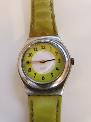 Vintage Swatch Watch With Lime Green Leather Band / Face Is Stainless