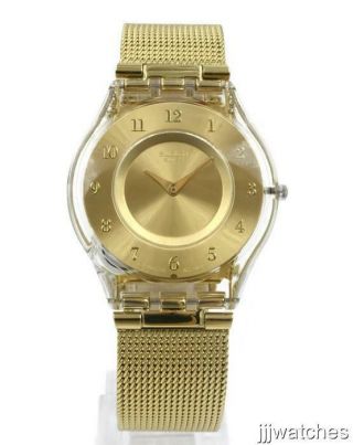 Swiss Swatch Skin Classic Generosity Gold Mesh Watch 34mm Sfk355m $135