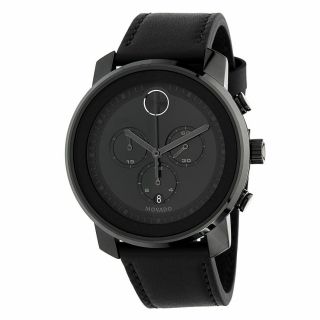 $795 Movado Bold Mens Black 44mm Chronograph Black Leather Swiss Watch 3600604