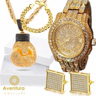 Boxing Necklace 14k Gold Crystal Hip Hop Watch,  Bracelet,  Earring