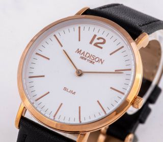 Madison Slim Damenuhr Damen Uhr Armbanduhr Rosègold Lederband Schwarz M31