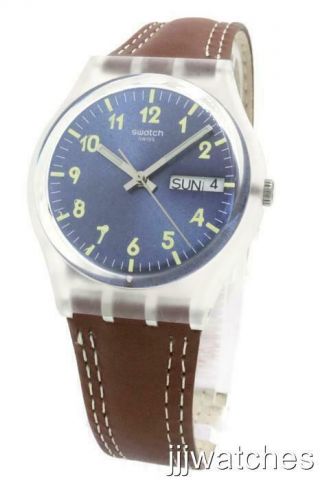 Swatch Windy Dune Brown Leather Day/date Watch 34mm Ge709 $70