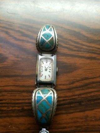 Vintage Ladies Timex Rectangle Mechanical With Sterling Silver Band Turquoise