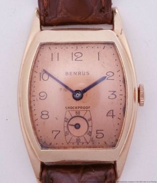 Heavy 14k Rose Gold Benrus Art Deco Curved Mens Vintage Running Wrist Watch