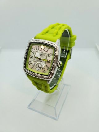Judith Ripka 33mm Square Case Lime Green - Silver Dial Rubber Strap Womens Watch
