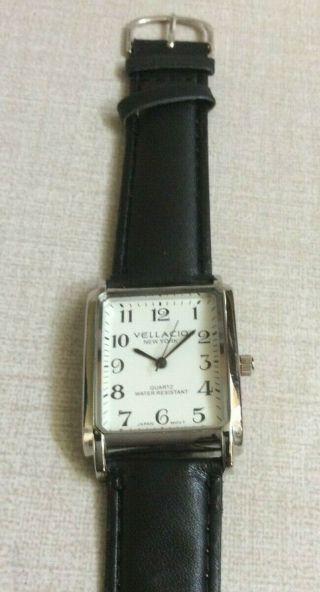 Vellacio York Mens Silver Watch Rectangle White Dial Black Leather Band