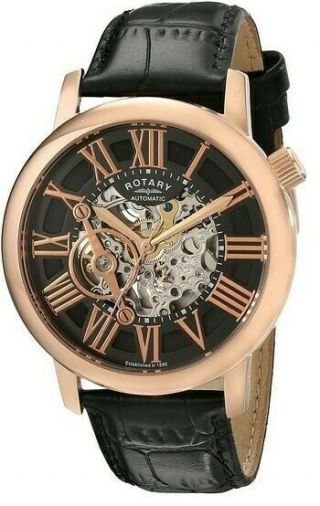 Rotary $695 Mens Rose Gold Skeleton Automatic Watch Leather Strap Gle000017 - 10