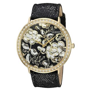 Guess Womens Sparkle Leather Watch,  Black & Gold Brocade Dial,  Glitz Crystals