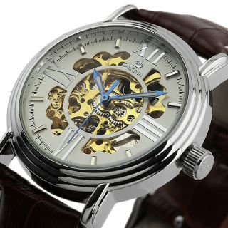 Mens Watch Automatic Mechanical Brown Leather Skeleton Steampunk Design Luxury