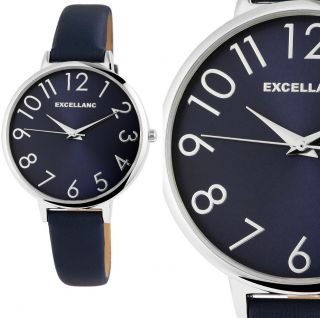 Modern Popig Damenuhr Quarz Armbanduhr Blau Silber Kunstleder 1900210 Excellanc