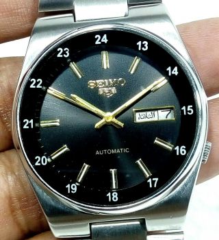 Seiko 5 Automatic Japan Day Date Black Dial 24 Hours All Steel Men 