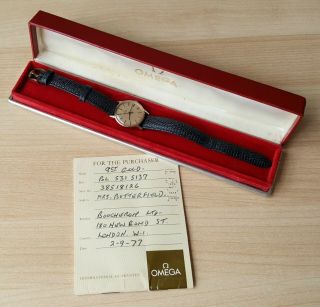 Ladies Vintage 1974.  375 9ct Gold Large Sized Omega Wrist Watch,  Box & Booklet
