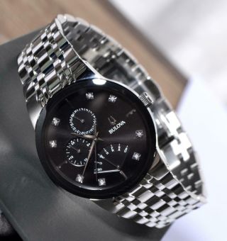 Bulova Mens Black Dial Multifunction Quartz Stainless Steel Diamond Watch 96d148