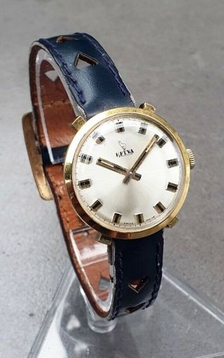 Helva Lunette Mechanical Mens Vintage Gold Plated Swiss Watch