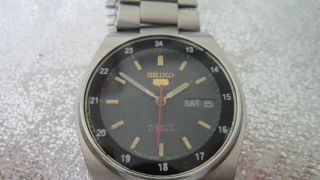 Retro Seiko 5 Automatic 24 Hr Black Dial 21 Jewels Day Date Mens Watch 7526 - 034l