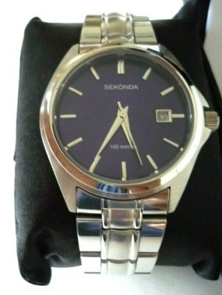 SEKONDA Men ' s Blue Sunray Dial Date Watch,  Stainless Steel Bracelet 3953.  27 - 3